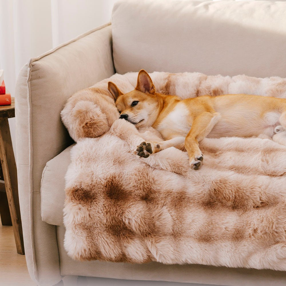 Comfortable plush dog couch cover, non-slip furniture guard, a calming pet bed for happy pets.