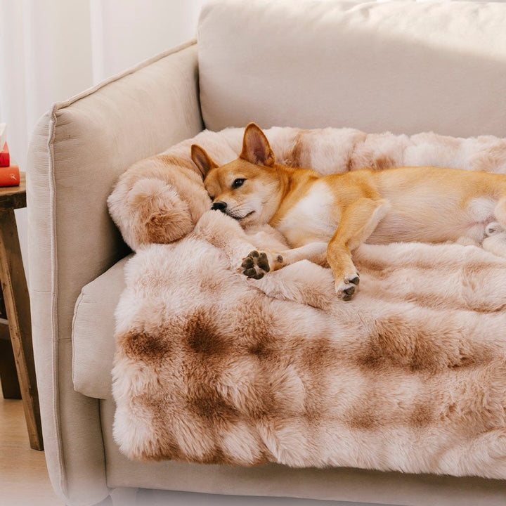 Comfortable plush dog couch cover, non-slip furniture guard, a calming pet bed for happy pets.