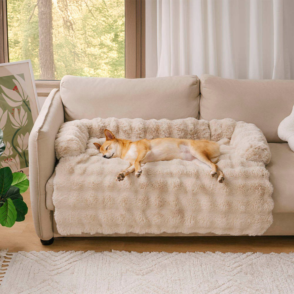 Premium plush dog sofa mat, anti-slip & washable, provides a protective and cozy pet lounge.