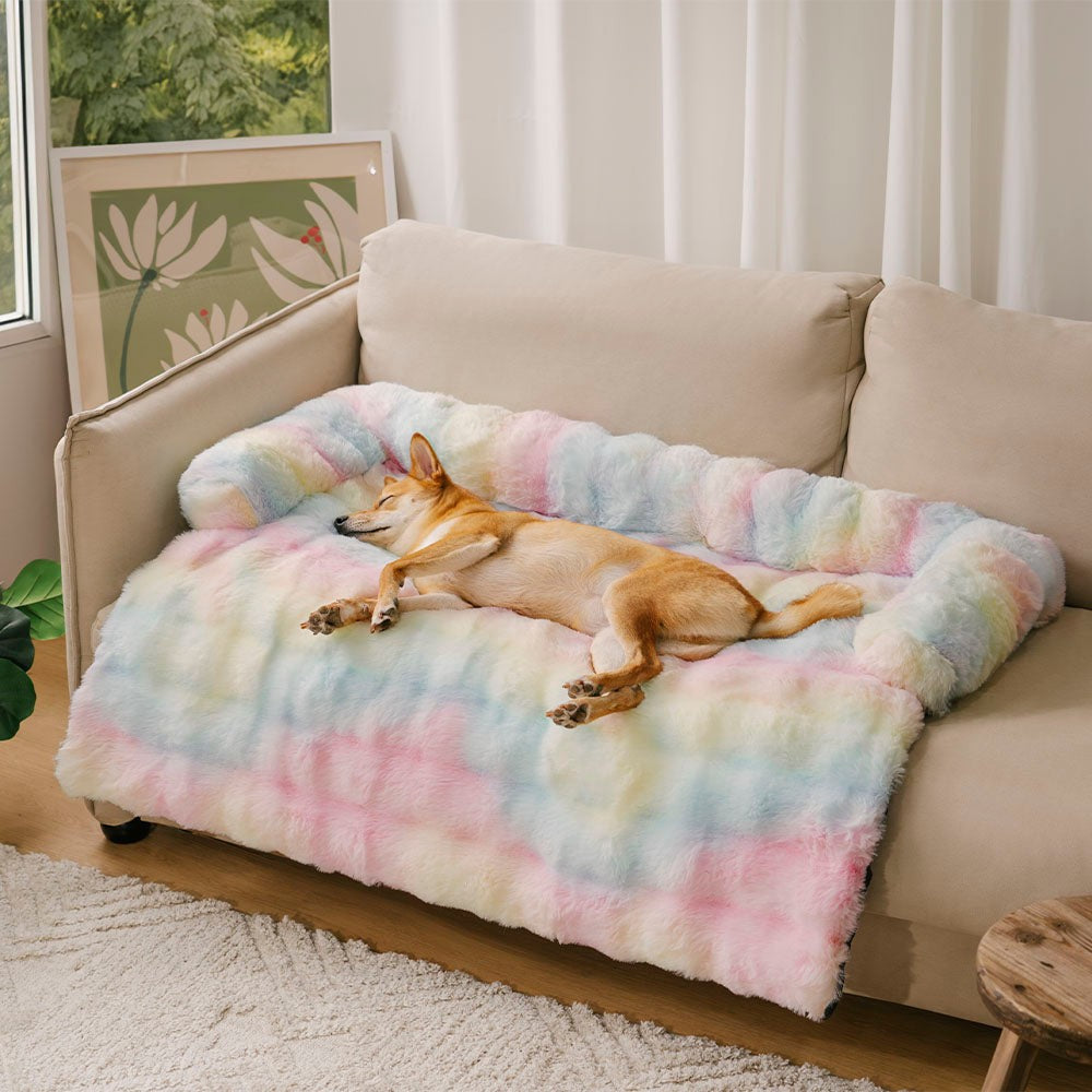 Ultimate furniture guard: plush anti-slip dog sofa mat, a calming and washable pet bed solution.