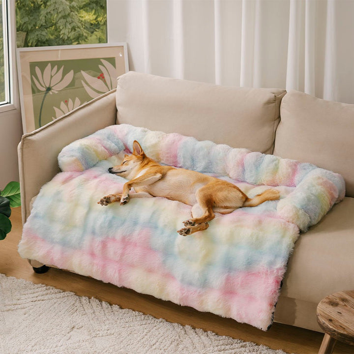 Ultimate furniture guard: plush anti-slip dog sofa mat, a calming and washable pet bed solution.