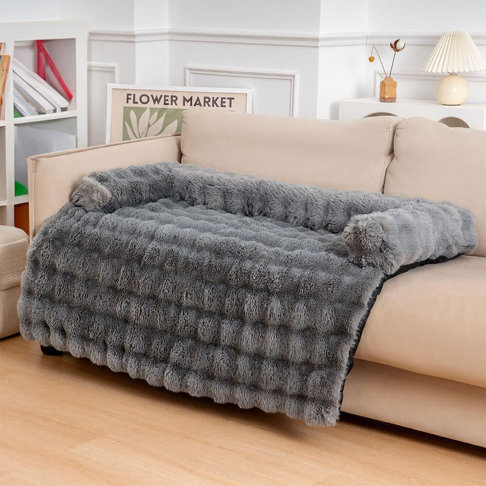 Plush anti-slip dog mat, a calming pet bed and sofa protector, ideal for cozy pet lounging.