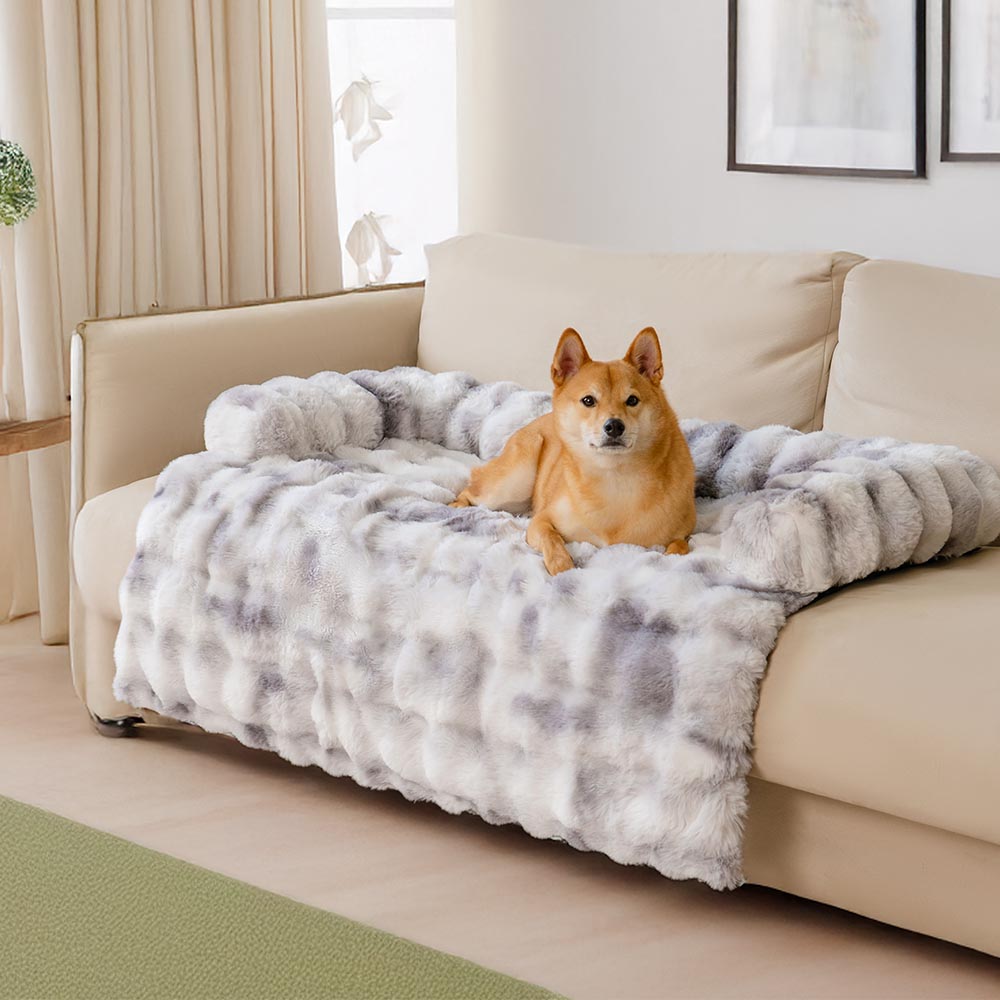 Washable dog mat, plush & non-slip, keeps your couch clean and provides a calming pet lounge.