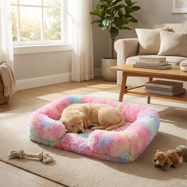 Plush dog bed with non-slip base for ultimate pet comfort & security.