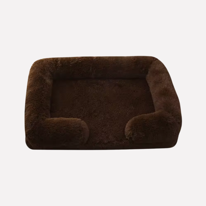 Plush pet comfort bed, non-slip base, washable for easy cleaning.