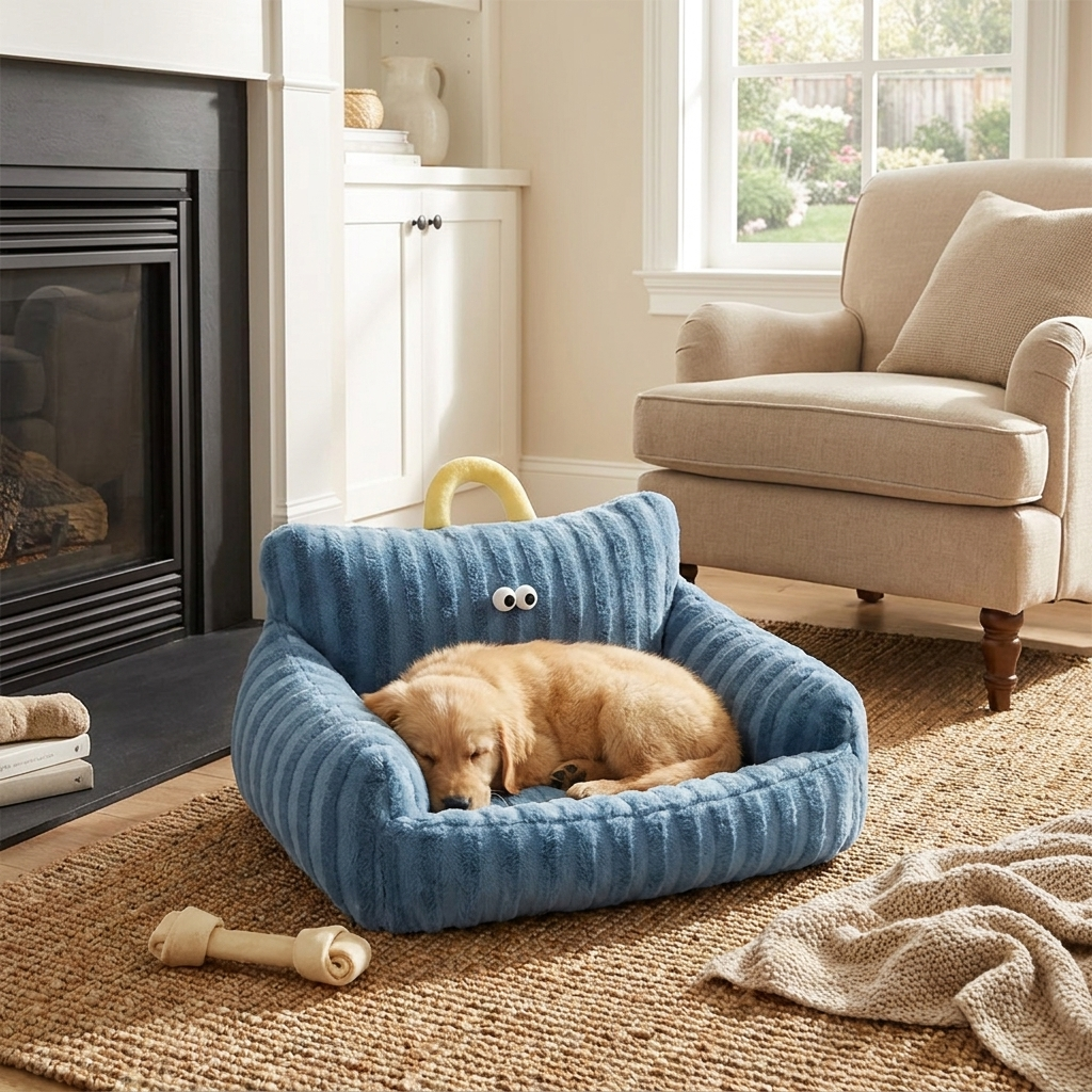 Plush elevated pet sofa bed for dogs & cats, providing cozy comfort & support. Washable pet furniture.