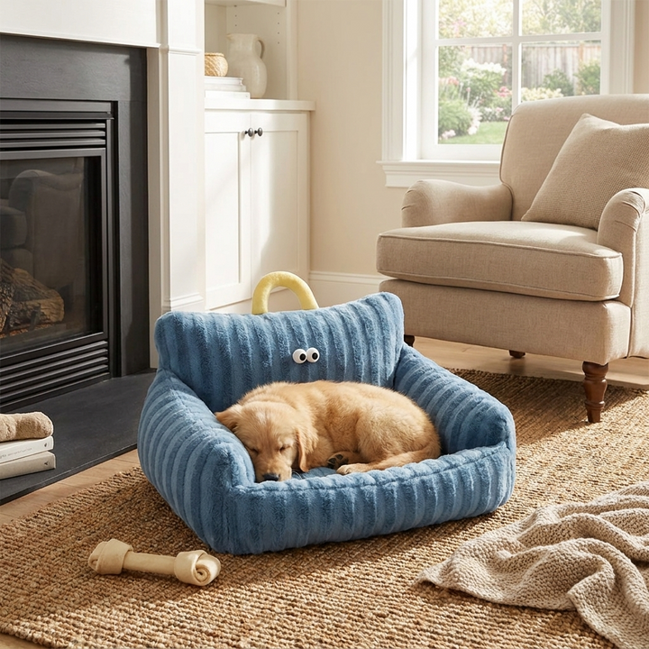 Plush elevated pet sofa bed for dogs & cats, providing cozy comfort & support. Washable pet furniture.