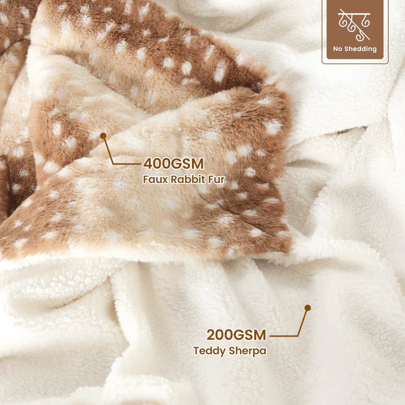 A soft faux fur deer blanket providing winter comfort draped over a sofa in a living room setting.