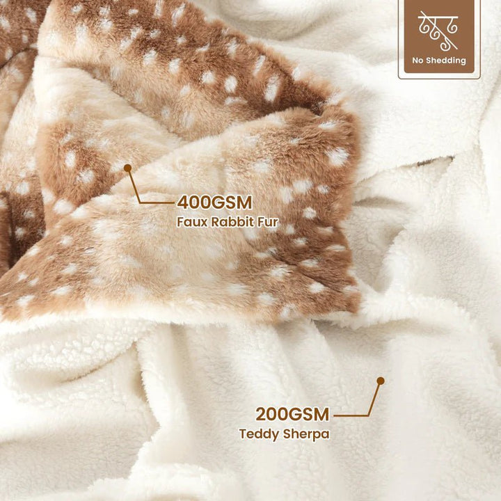 A soft faux fur deer blanket providing winter comfort draped over a sofa in a living room setting.
