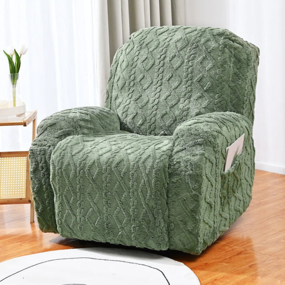 Plush Jacquard Cable Knit Recliner Cover. Cozy, warm furniture protector for living room. Anti-slip slipcover.