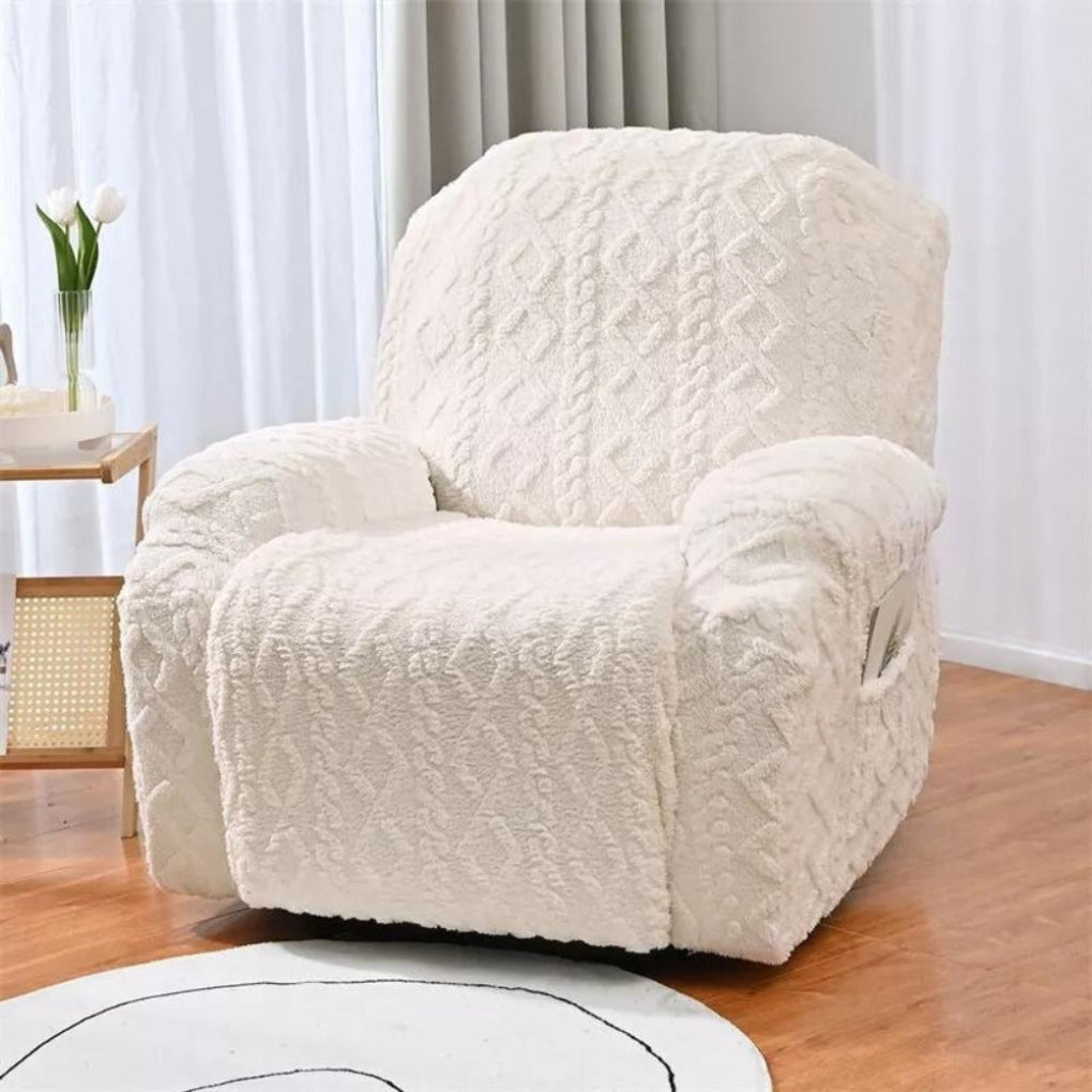 Jacquard Cable Knit Recliner Cover. Plush, cozy slipcover adds elegant home decor & protects furniture. Winter warm.