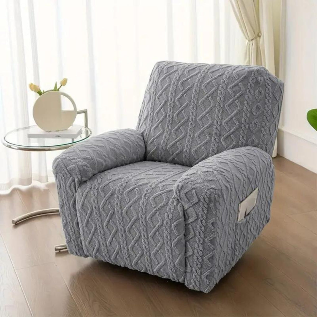 Cozy Plush Jacquard Cable Knit Recliner Cover. Anti-slip furniture protector for warmth in fall & winter living rooms.