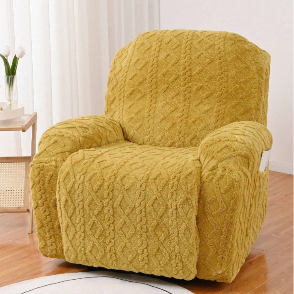 Warm Plush Cable Knit Recliner Cover. Jacquard slipcover offers cozy comfort, protects furniture & enhances home decor.