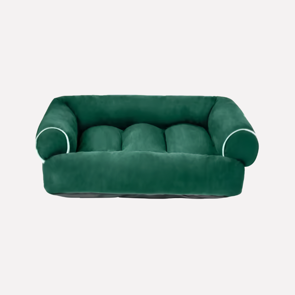 Relaxing U-shaped dog bed in soft plush, designed for pet comfort, with a convenient washable cover.