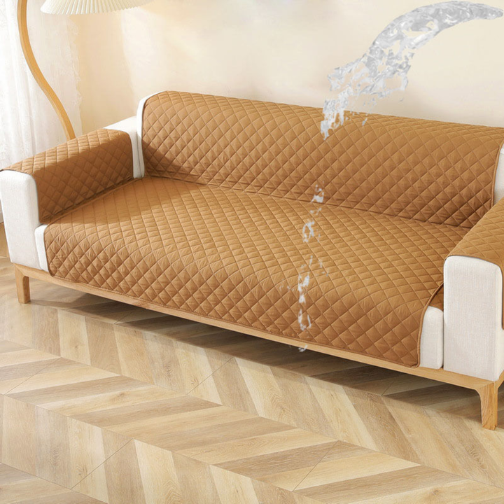 Plush velvet waterproof sofa cover with elastic fit, pet-friendly furniture protector for living room.