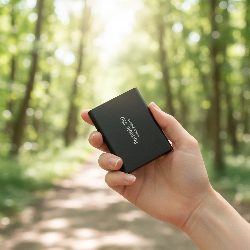 Portable 128TB external SSD drive for lightning-fast data storage & backup, featuring USB-C connectivity.