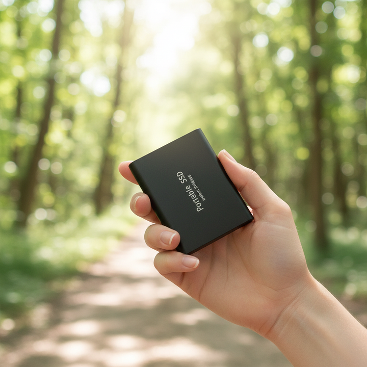 Portable 128TB external SSD drive for lightning-fast data storage & backup, featuring USB-C connectivity.