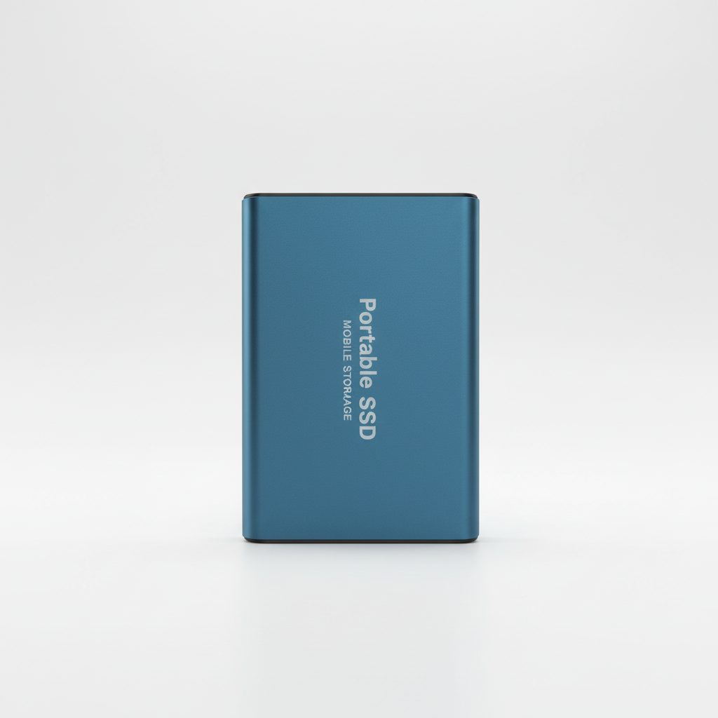 Hand-held 128TB portable SSD drive, showcasing its compact size for fast, personal data storage and backup.