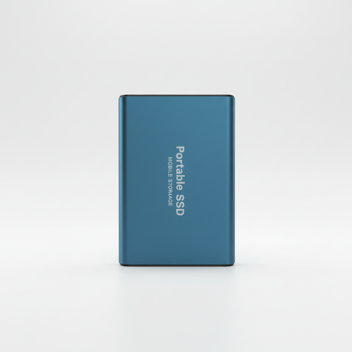 Hand-held 128TB portable SSD drive, showcasing its compact size for fast, personal data storage and backup.