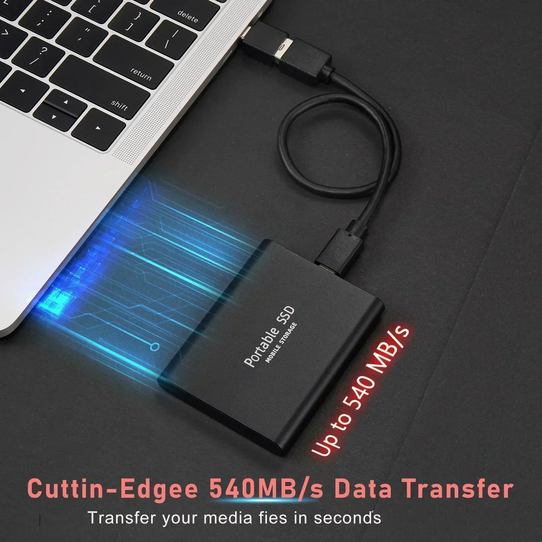 Sleek black 128TB portable SSD drive, a robust mobile gadget for fast, high-capacity data storage.