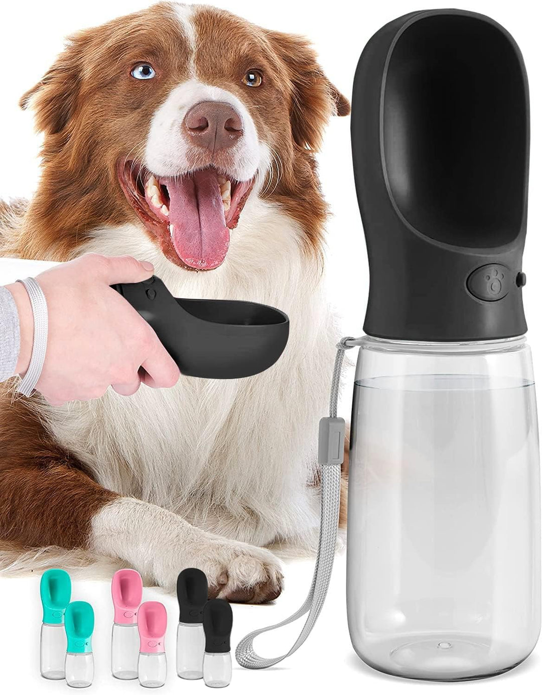 Portable 19 oz pet water bottle with integrated bowl for dog hydration. Essential travel accessory.