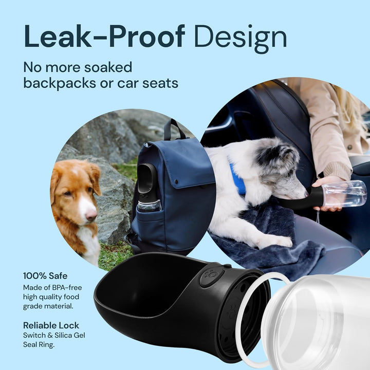 Unisex leak-proof pet water bottle, 19 oz, with a built-in bowl for easy dog hydration on the go.