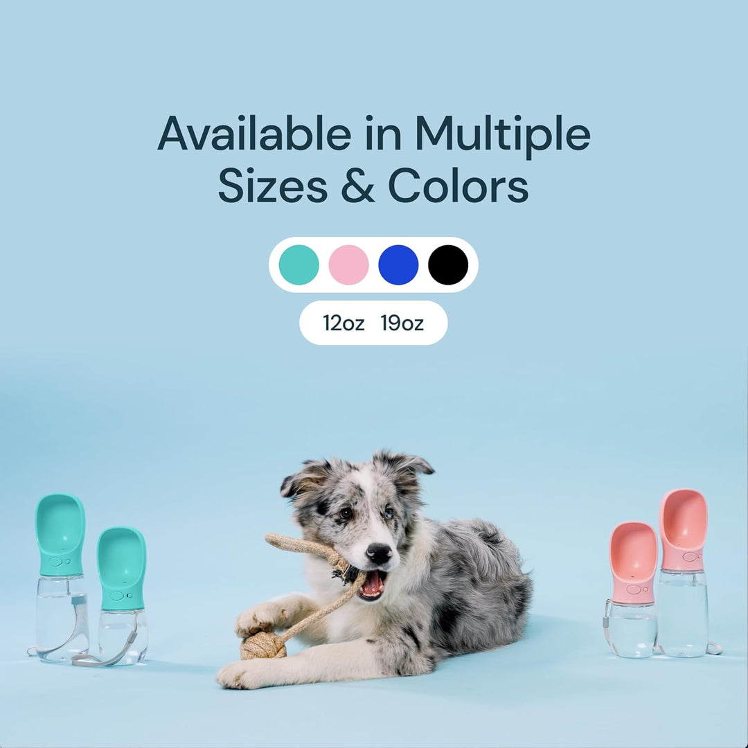 Compact pet water bottle with integrated drinking bowl. Perfect for dog hydration during travel & walks.