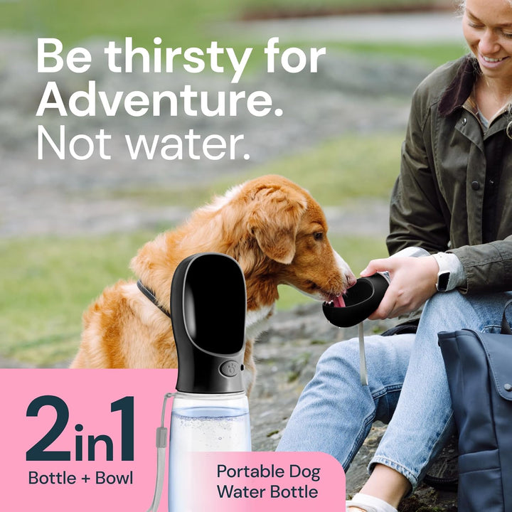 Integrated bowl pet water bottle, 19 oz. Perfect for keeping dogs hydrated on hikes & road trips.