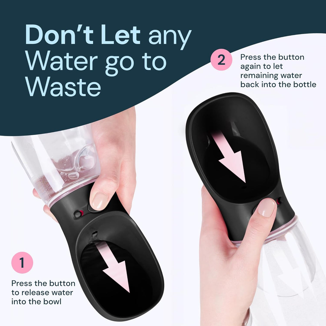 Convenient 19 oz pet travel water bottle with a connected bowl, ensuring your dog stays hydrated anywhere.