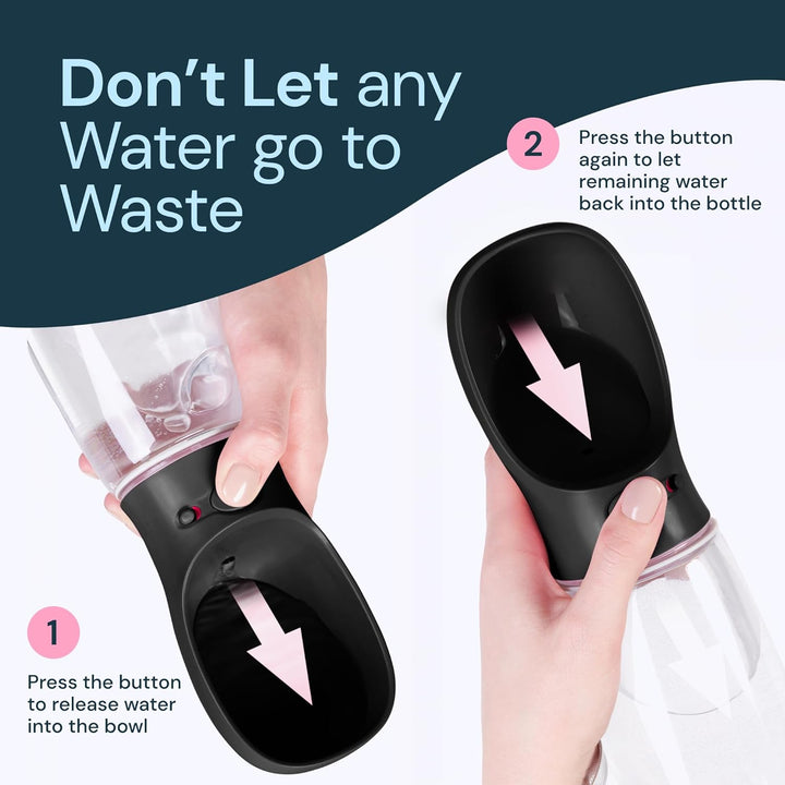 Convenient 19 oz pet travel water bottle with a connected bowl, ensuring your dog stays hydrated anywhere.