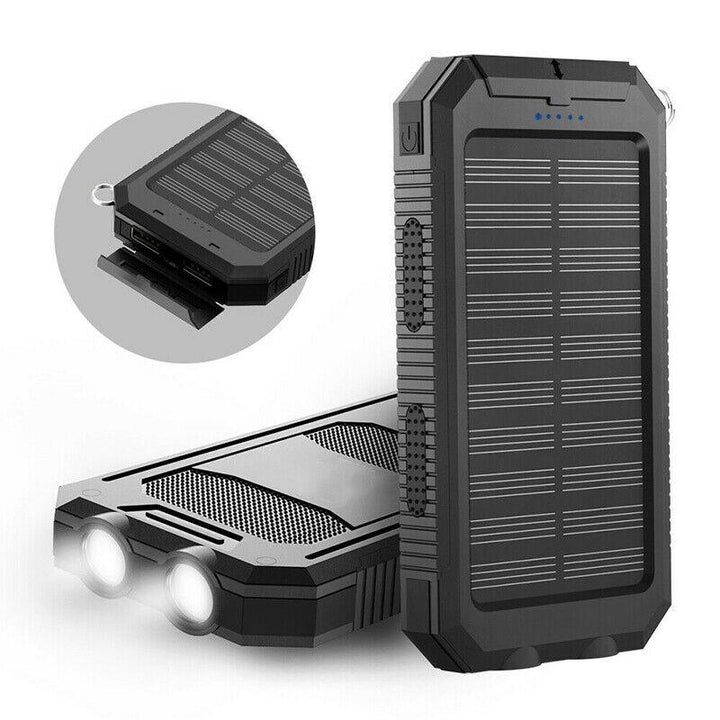 Portable 20000mAh waterproof solar power bank charger with dual USB for outdoor adventures.