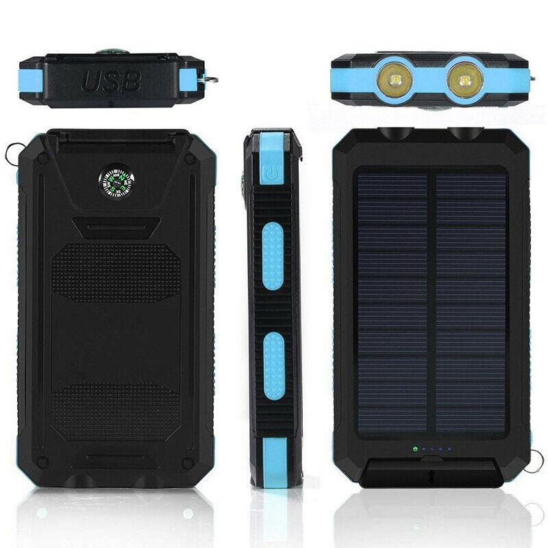 High capacity 20000mAh waterproof solar power bank, ideal portable charger for camping & emergency.
