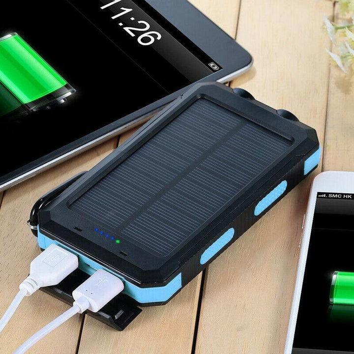 Rugged 20000mAh waterproof solar power bank, portable outdoor charger for smartphones & devices.
