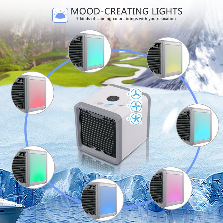 Unisex portable 3-in-1 air cooler, humidifier & purifier. Home comfort device with desktop fan functionality.