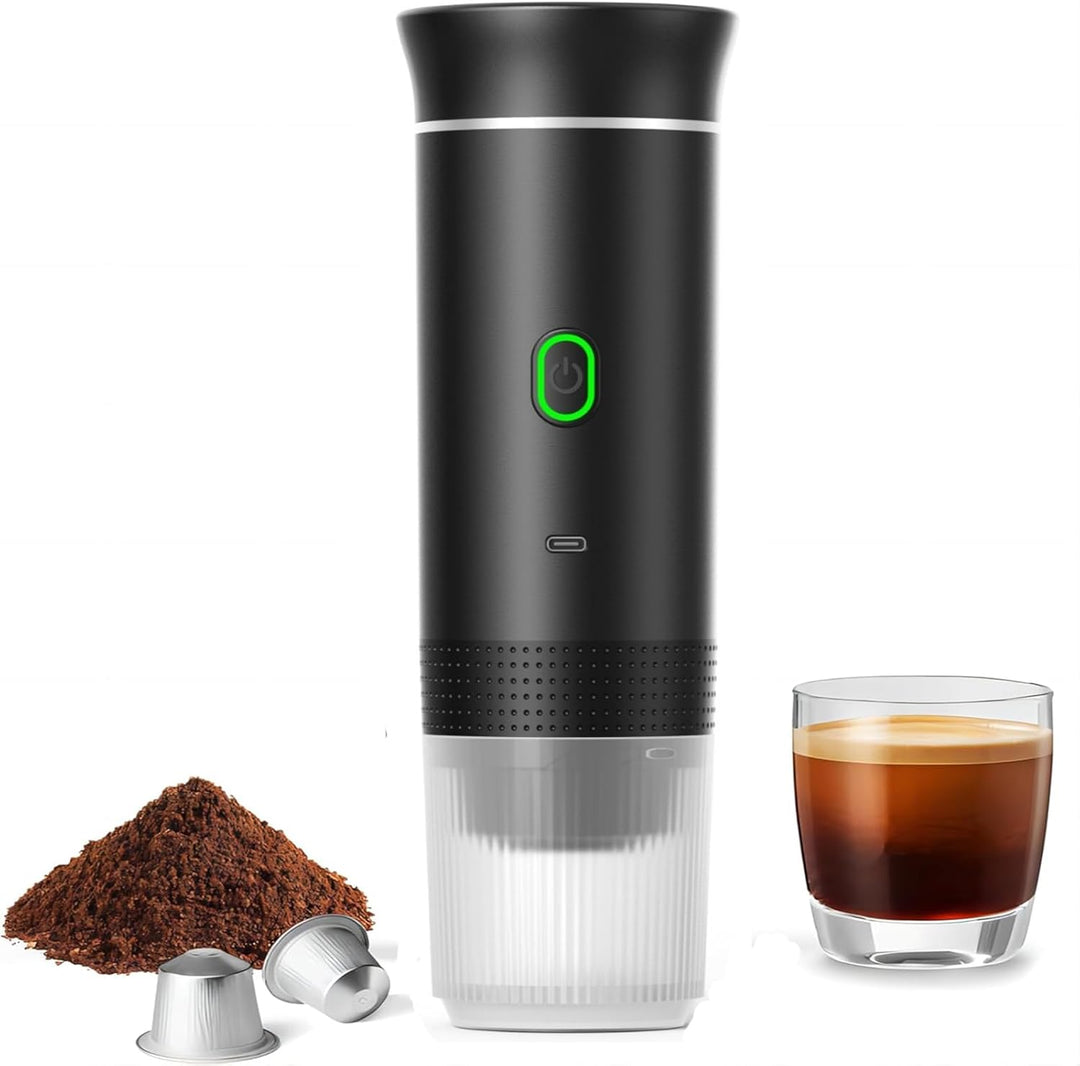 Portable 3-in-1 espresso & coffee maker with rechargeable battery for ground coffee & capsules.