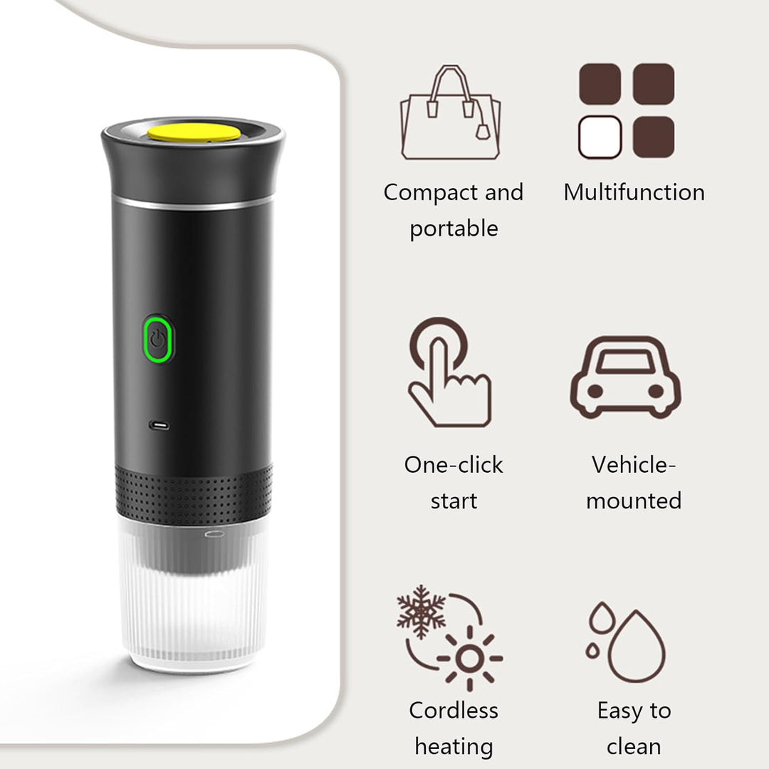 Versatile 3-in-1 coffee machine: espresso, ground coffee & capsules. Rechargeable for any adventure.
