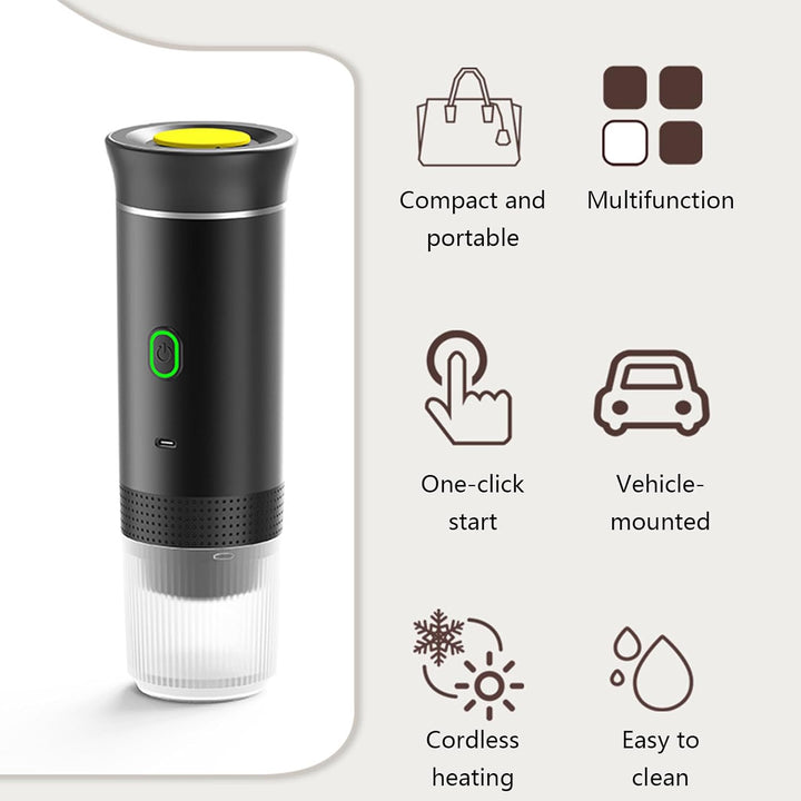 Versatile 3-in-1 coffee machine: espresso, ground coffee & capsules. Rechargeable for any adventure.