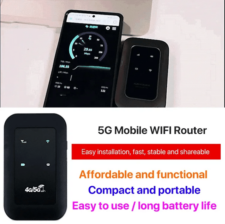 Portable 5G WiFi router, essential mobile hotspot for remote work and reliable high-speed internet.