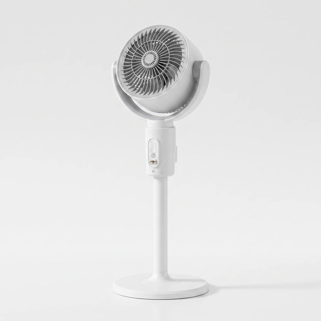 Compact portable pedestal fan, height adjustable for versatile personal cooling in any room.