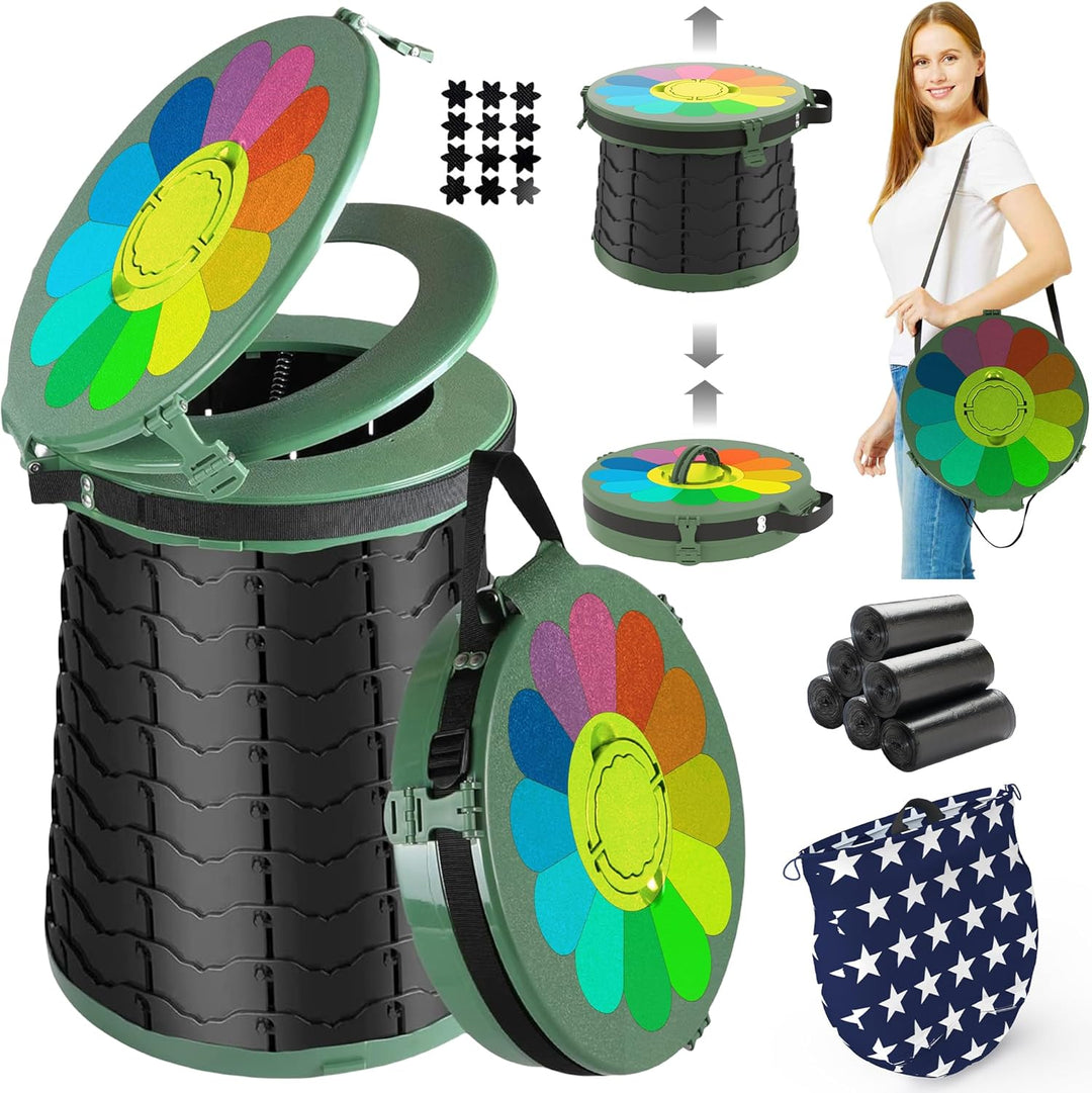 Portable adjustable height toilet for camping, outdoor, and travel use.