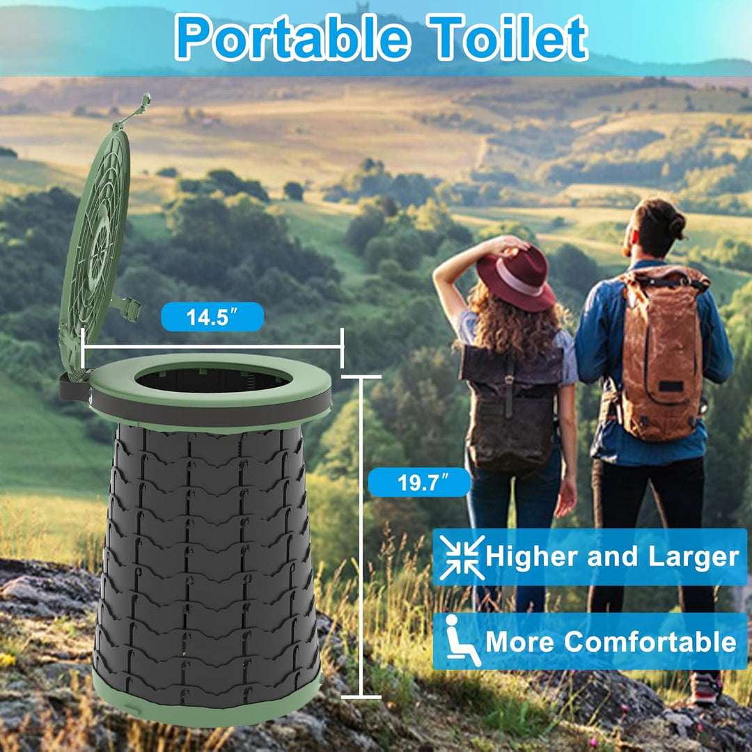 Compact, foldable portable toilet for camping, hiking, and emergency kits.