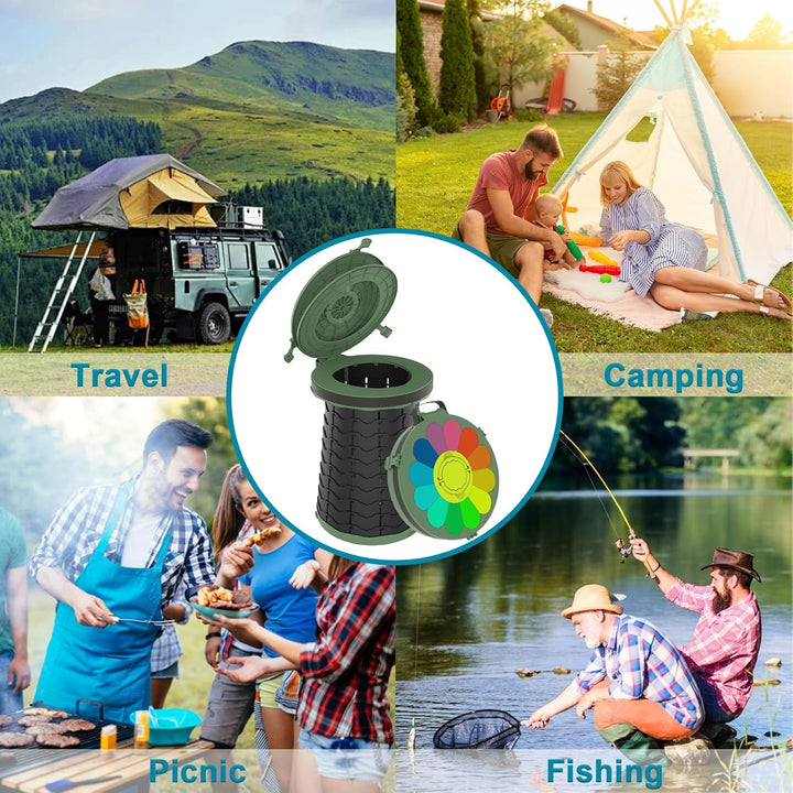 Adjustable height portable toilet, ideal for camping, car travel, and outdoor events.