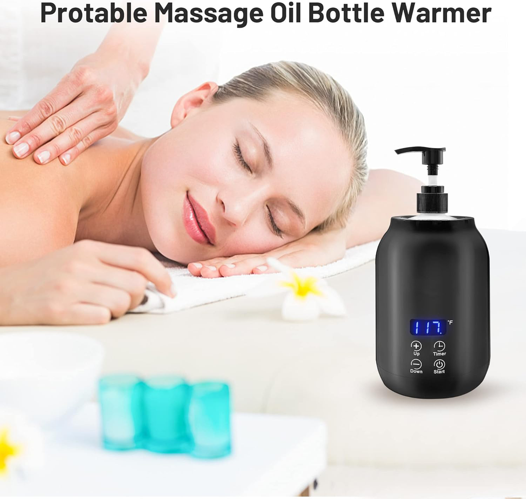 Portable black electric massage oil warmer with digital display, sleek design, compact size, touch controls, max temp 65°C.