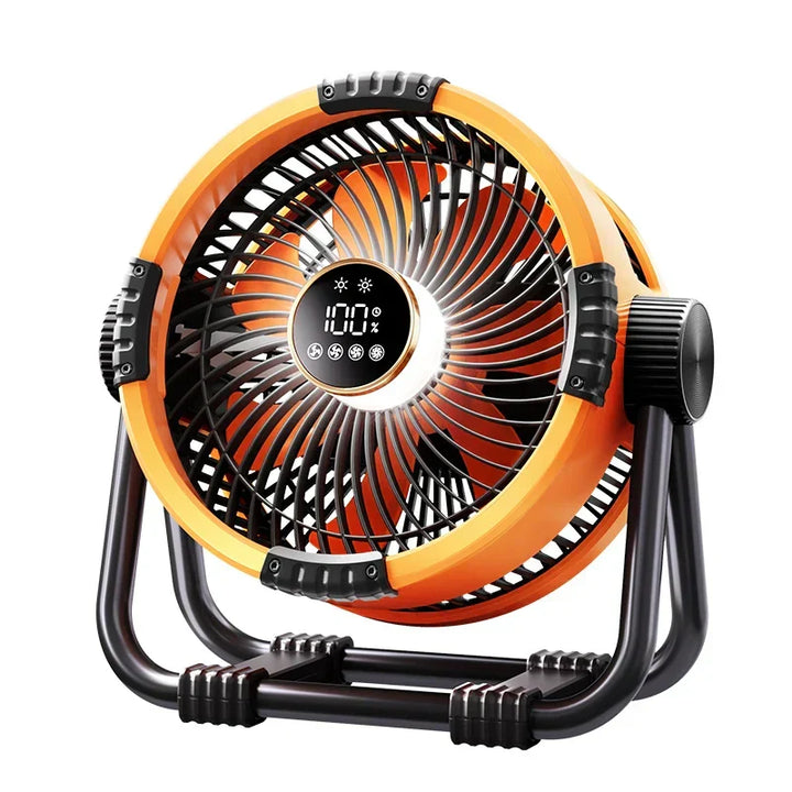 Portable camping fan with LED light & 20000mAh power bank, perfect for tents & outdoor adventures.