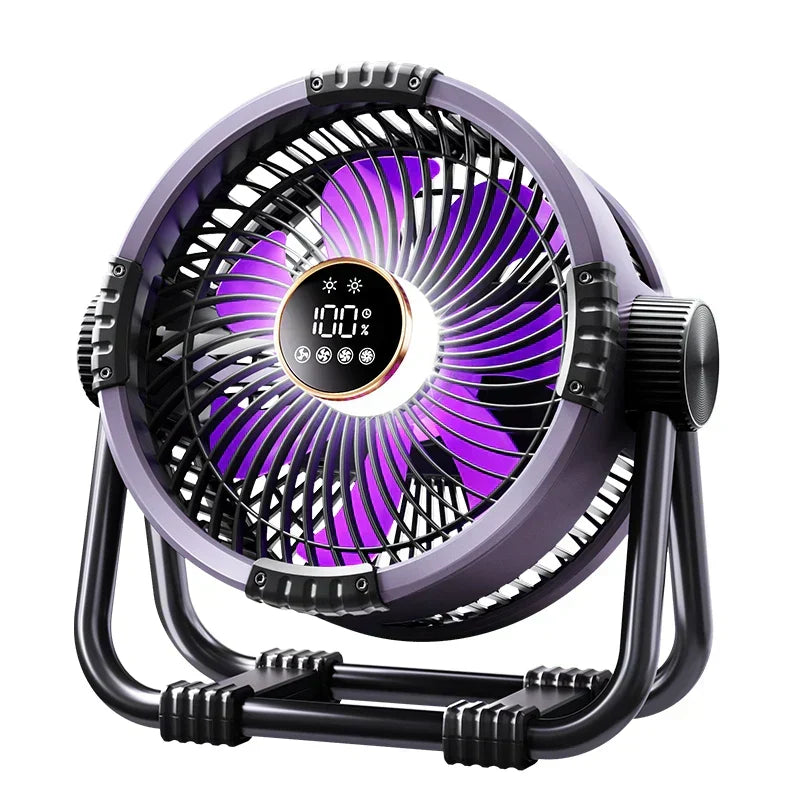 Rechargeable camping fan with remote control, integrated LED light, and power bank for comfortable outdoor use.