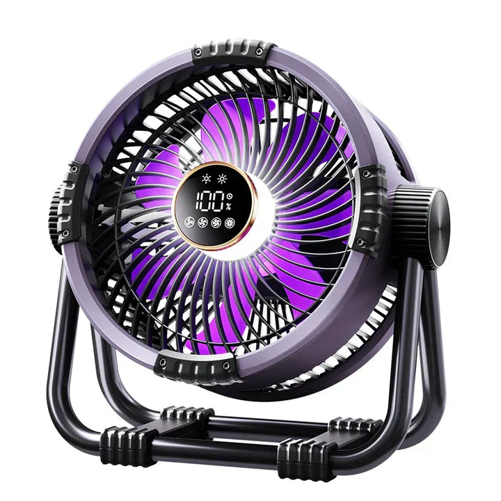 Rechargeable camping fan with remote control, integrated LED light, and power bank for comfortable outdoor use.