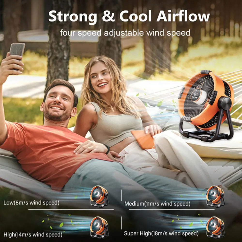 Powerful portable tent fan with 20000mAh battery, bright LED light & remote control for ultimate comfort.