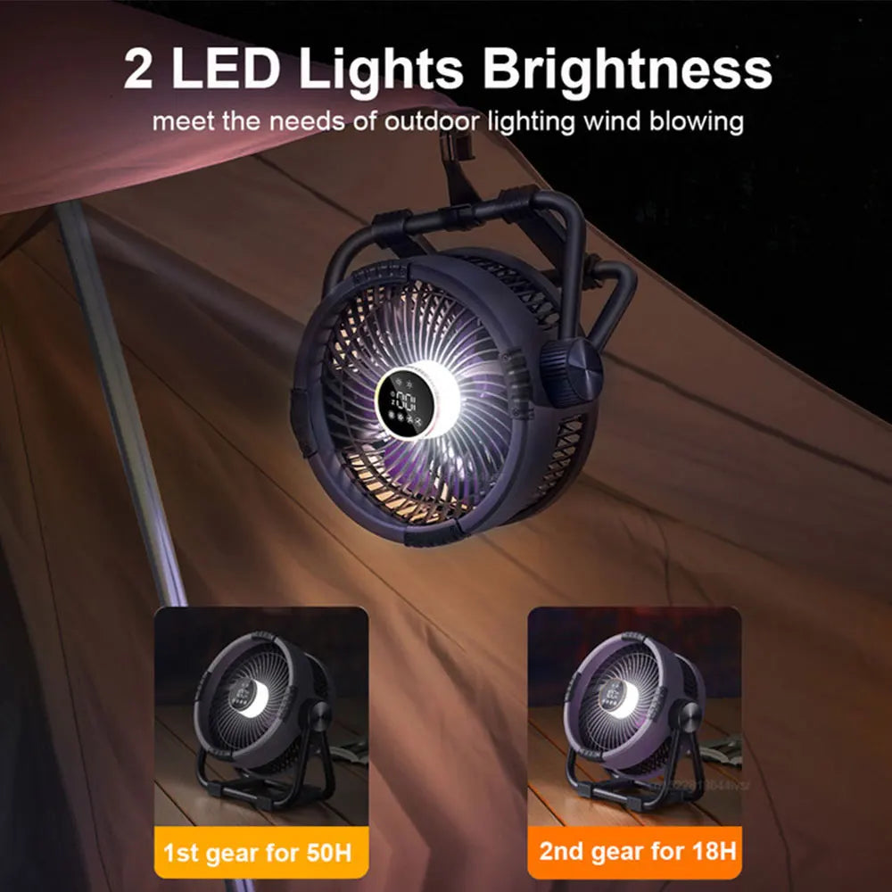 Outdoor gear: versatile portable fan with LED light, power bank function & remote, ideal for camping.