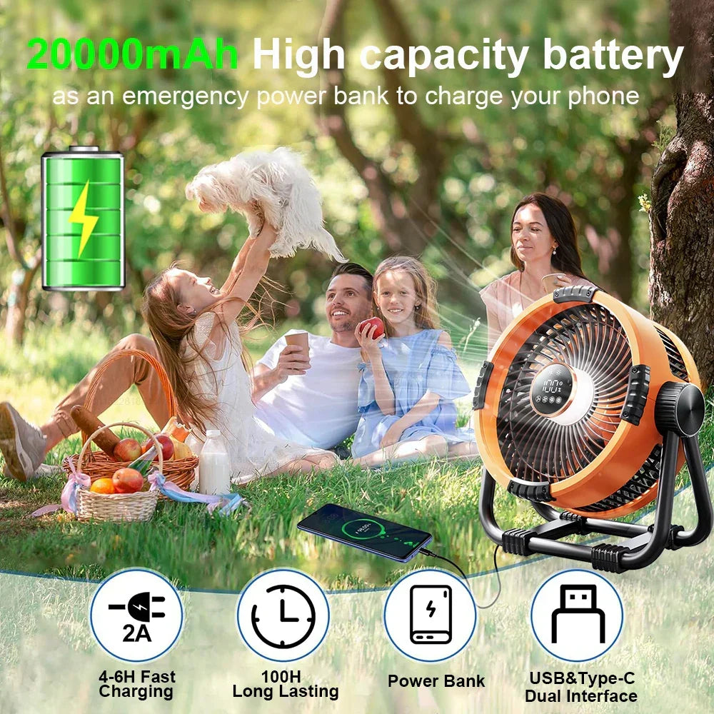 Long-lasting rechargeable camping fan with LED light, built-in power bank & remote control for convenience.