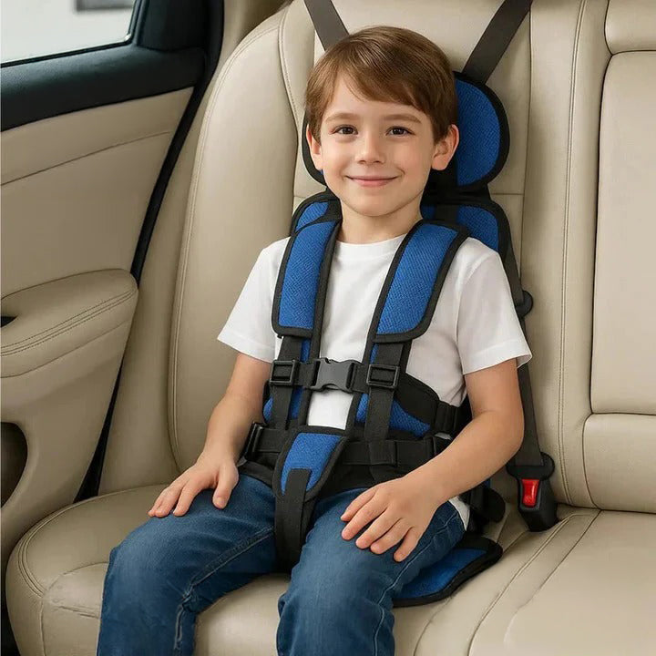 Portable child car travel seat with 5-point safety harness for secure on-the-go adventures.